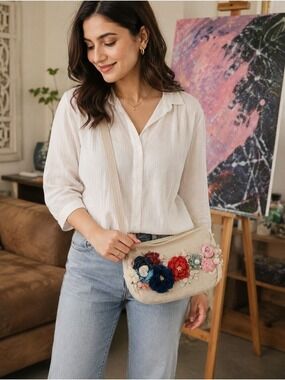 Handmade Floral Appliqué Baguette Shoulder Bag Cottagecore Coquette
